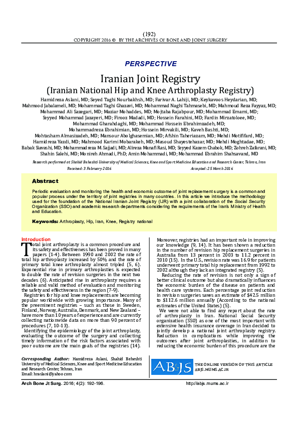 (PDF) Iranian Joint Registry (Iranian National Hip and Knee ...