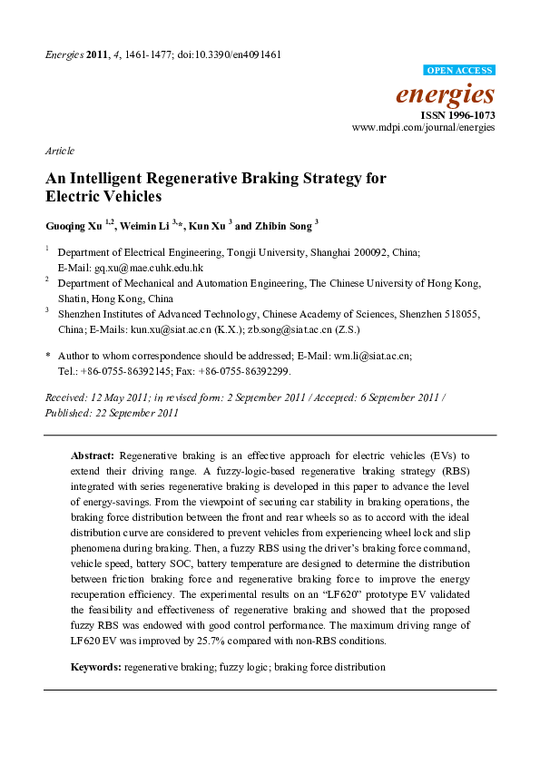 (PDF) An Intelligent Regenerative Braking Strategy for Electric Vehicles