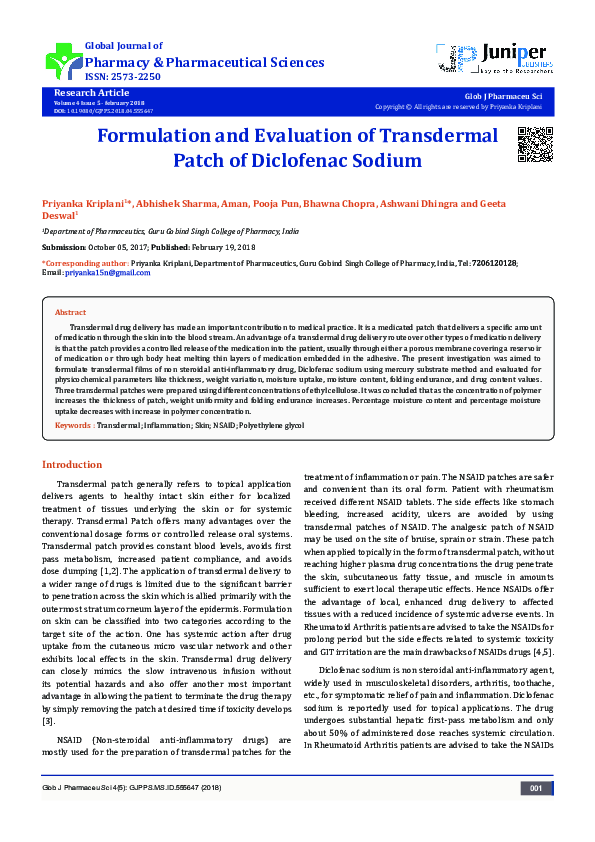(PDF) Formulation and Evaluation of Transdermal Patch of Diclofenac Sodium
