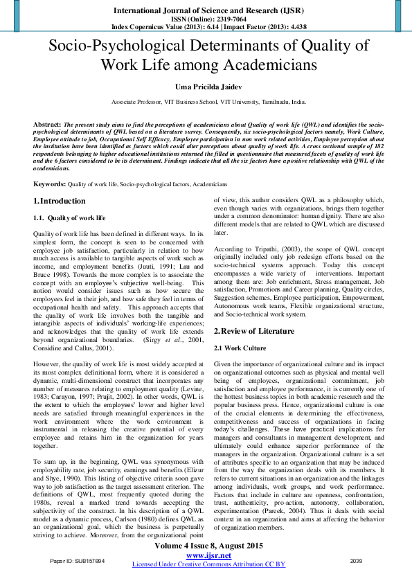 (PDF) Socio-Psychological Determinants of Quality of Work Life among ...