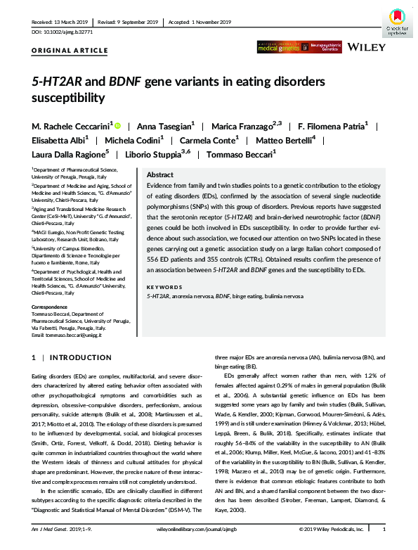 (PDF) 5‐HT2AR and BDNF gene variants in eating disorders susceptibility