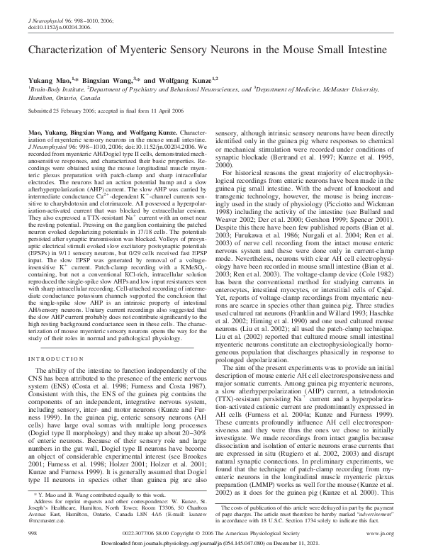 (PDF) the Mouse Small Intestine Characterization of Myenteric Sensory ...