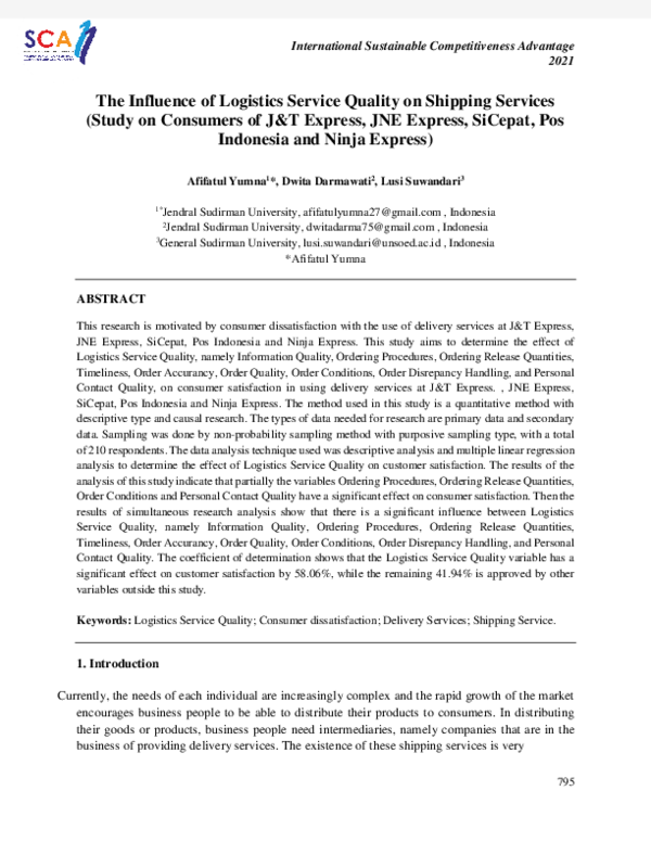 (PDF) The Influence of Logistics Service Quality on Shipping Services ...