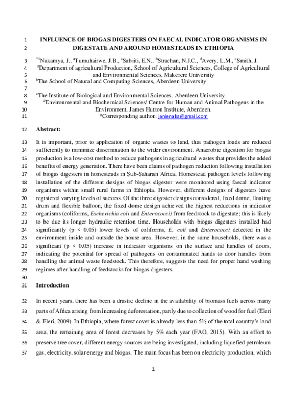 (PDF) Influence of biogas digesters on faecal indicator organisms in ...