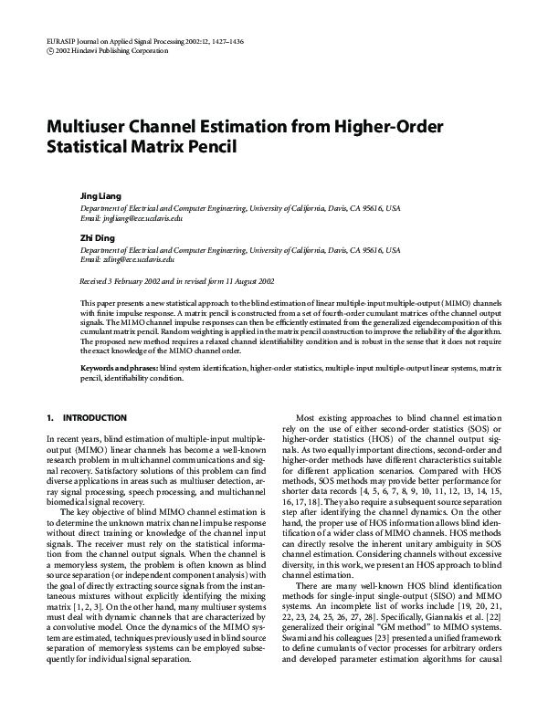 (PDF) Multiuser Channel Estimation from Higher-Order Statistical Matrix ...