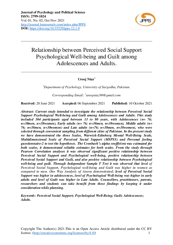 (PDF) Relationship between Perceived Social Support Psychological Well ...