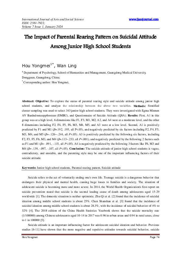 (PDF) The Impact of Parental Rearing Pattern on Suicidal Attitude Among ...