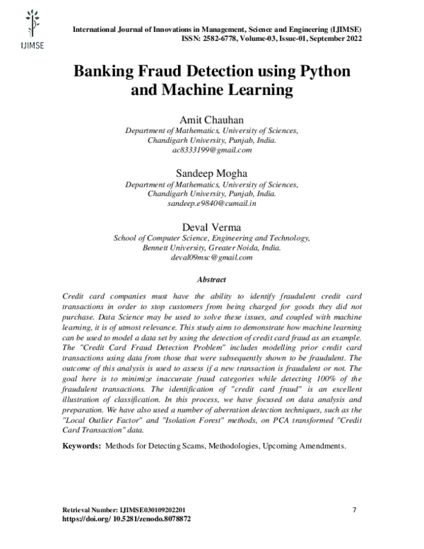 (PDF) Banking Fraud Detection using Python and Machine Learning