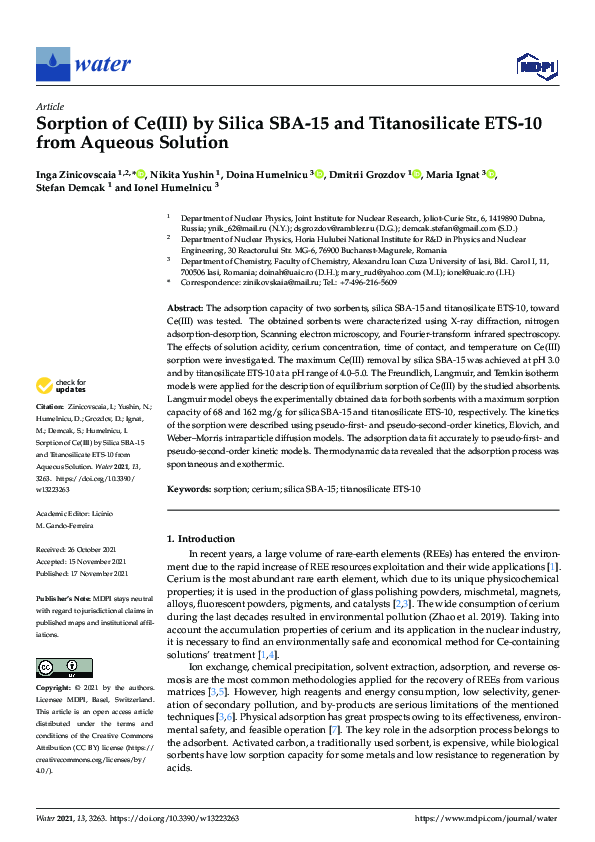 Sorption of Ce(III) by Silica SBA-15 and Titanosilicate ETS-10 from Aqueous Solution