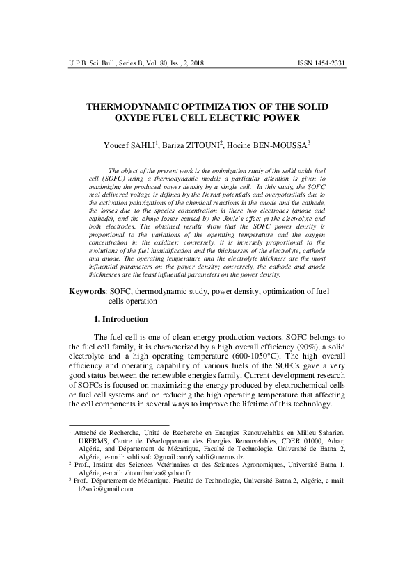 (PDF) Thermodynamic Optimization of the Solid Oxyde Fuel Cell Electric ...