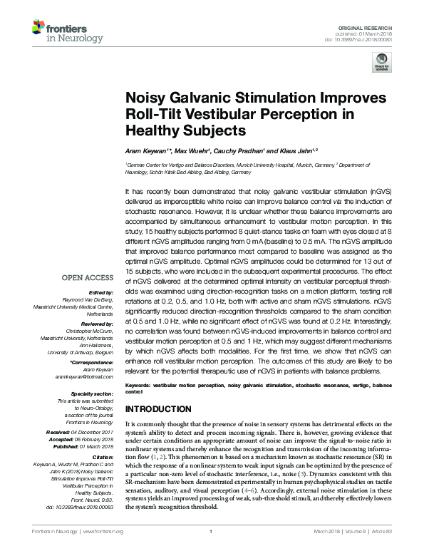 (PDF) Noisy Galvanic Stimulation Improves Roll-Tilt Vestibular ...