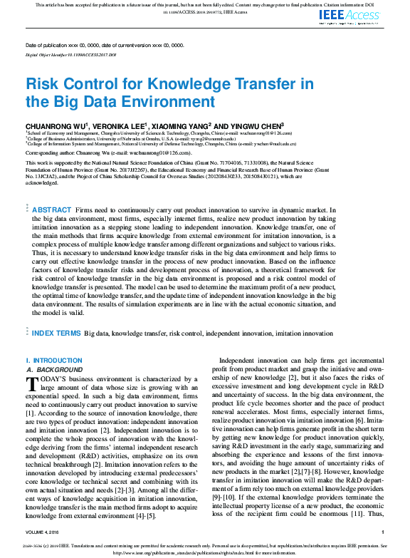 (PDF) Risk Control for Knowledge Transfer in the Big Data Environment