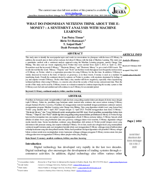 (PDF) What Do Indonesian Netizens Think About the Emoney? : A Sentiment ...