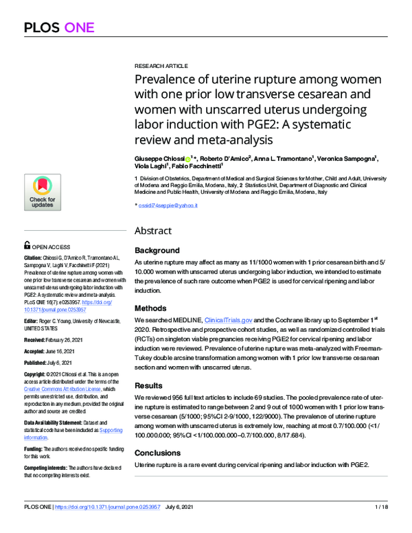 (PDF) Prevalence of uterine rupture among women with one prior low ...