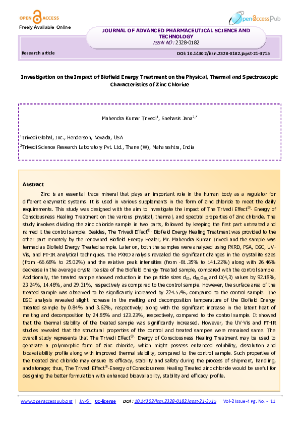 (PDF) Investigation on the Impact of Biofield Energy Treatment on the ...