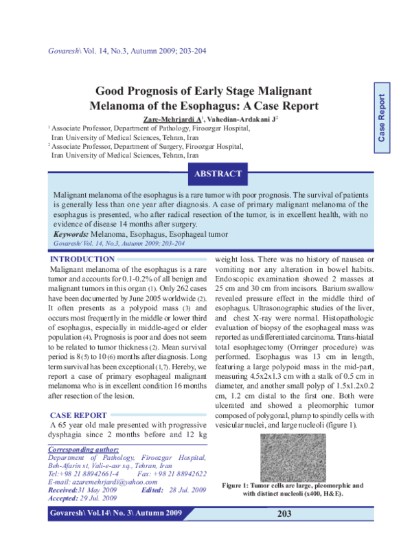 (PDF) Good Prognosis of Early Stage Malignant Melanoma of the Esophagus ...