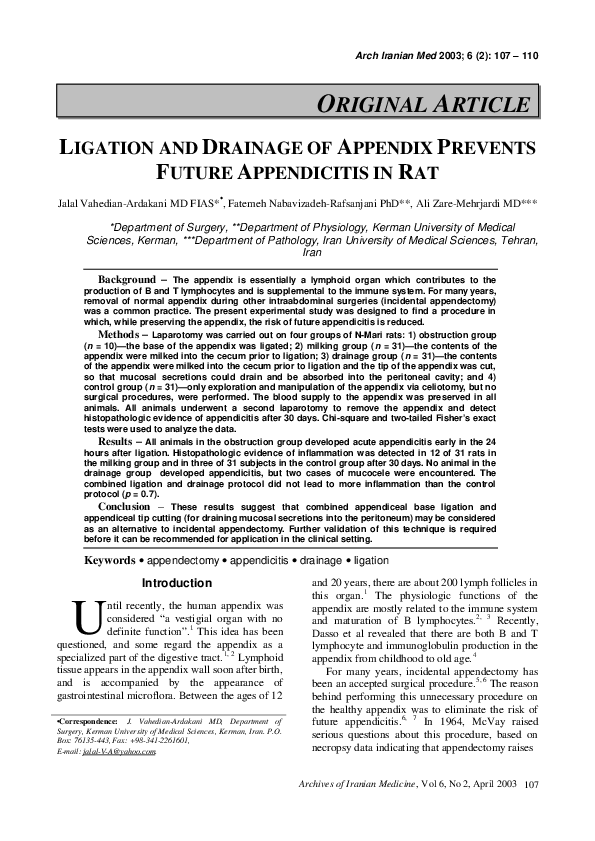 (PDF) Ligation and Drainage of Appendix Prevents Future Appendicitis in Rat
