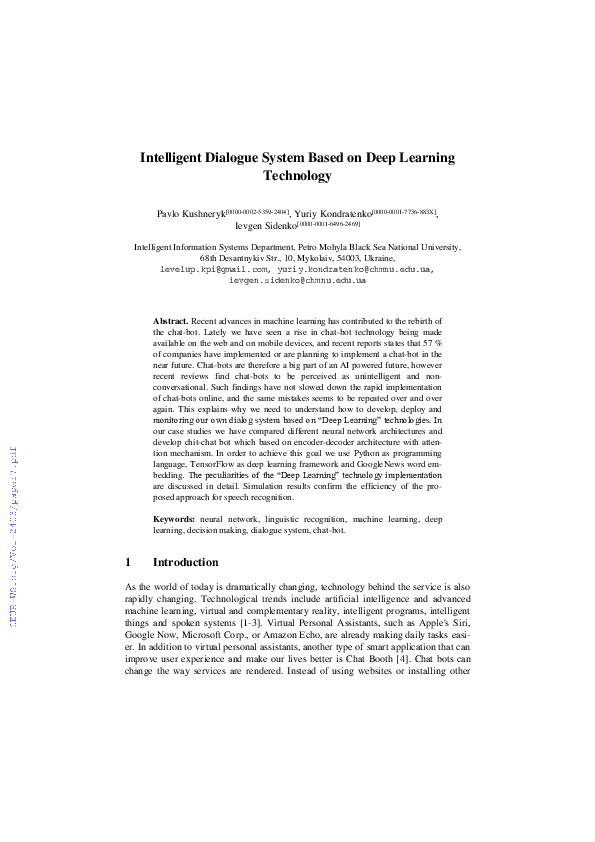 (PDF) Intelligent Dialogue System Based on Deep Learning Technology