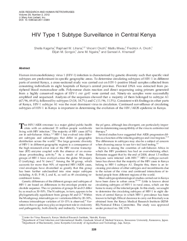 (PDF) HIV Type 1 Subtype Surveillance in Central Kenya | Vincent Okoth ...