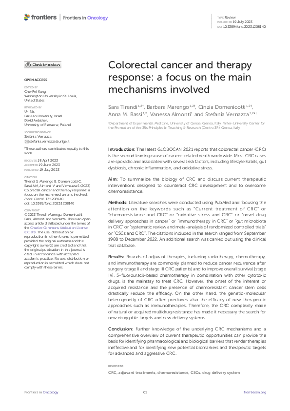 (PDF) Colorectal cancer and therapy response: a focus on the main ...