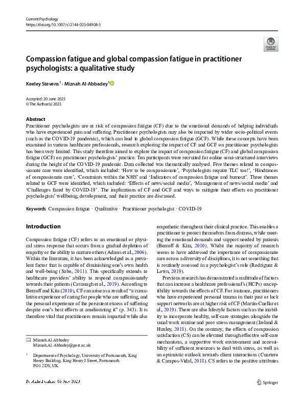 (PDF) Compassion fatigue and global compassion fatigue in practitioner ...