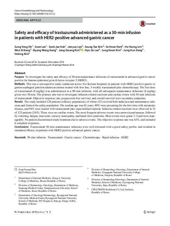 (PDF) Safety and efficacy of trastuzumab administered as a 30-min ...