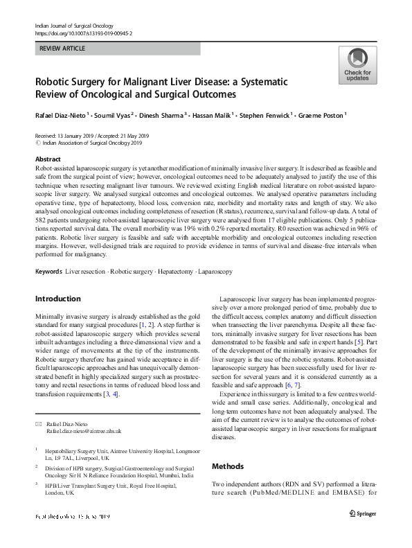 (PDF) Robotic Surgery for Malignant Liver Disease: a Systematic Review ...