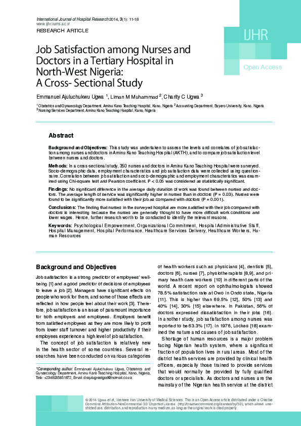 (PDF) Job Satisfaction among Nurses and Doctors in a Tertiary Hospital ...