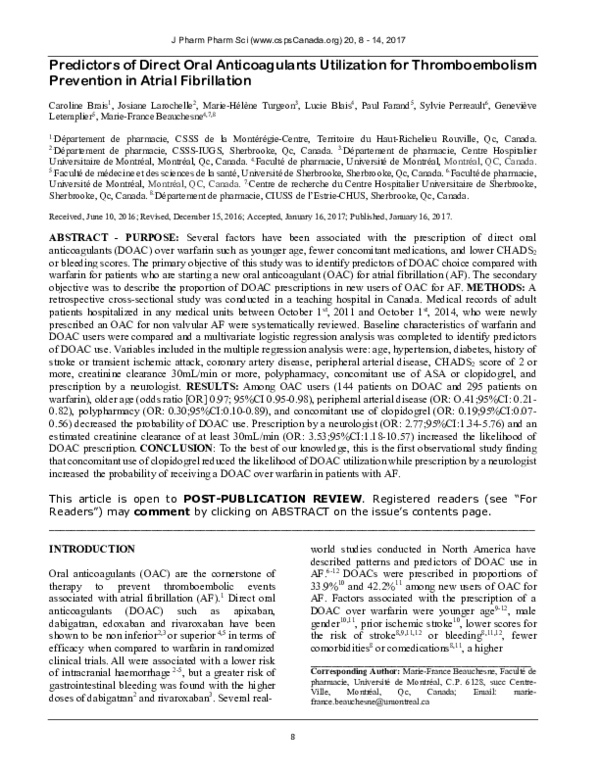 (PDF) Predictors of Direct Oral Anticoagulants Utilization for ...