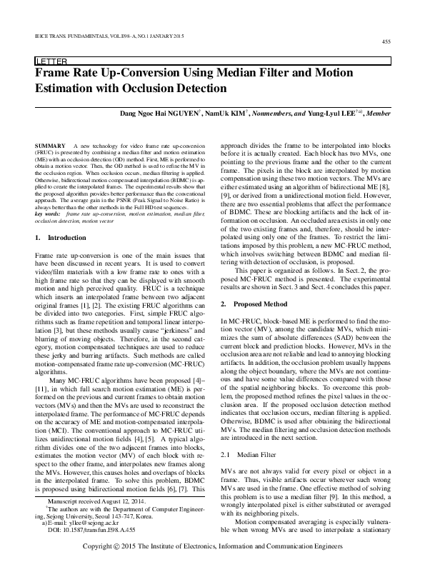 (PDF) Frame Rate Up-Conversion Using Median Filter and Motion ...