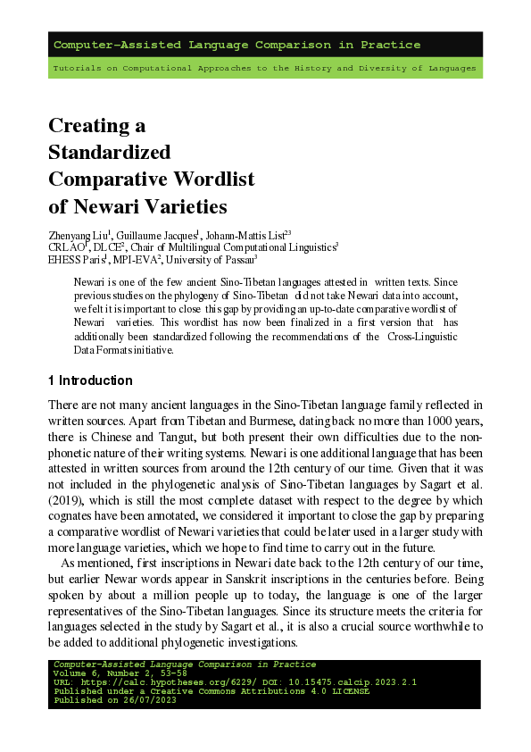 (PDF) Creating a Standardized Comparative Wordlist of Newari Varieties