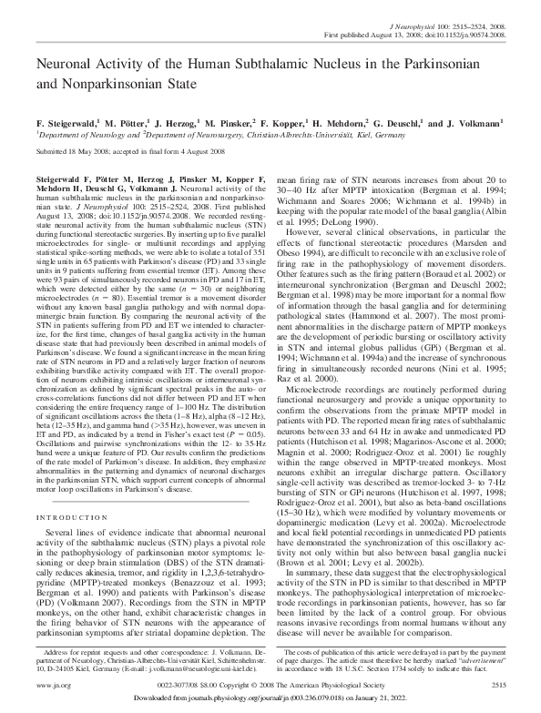 (PDF) Neuronal Activity of the Human Subthalamic Nucleus in the ...