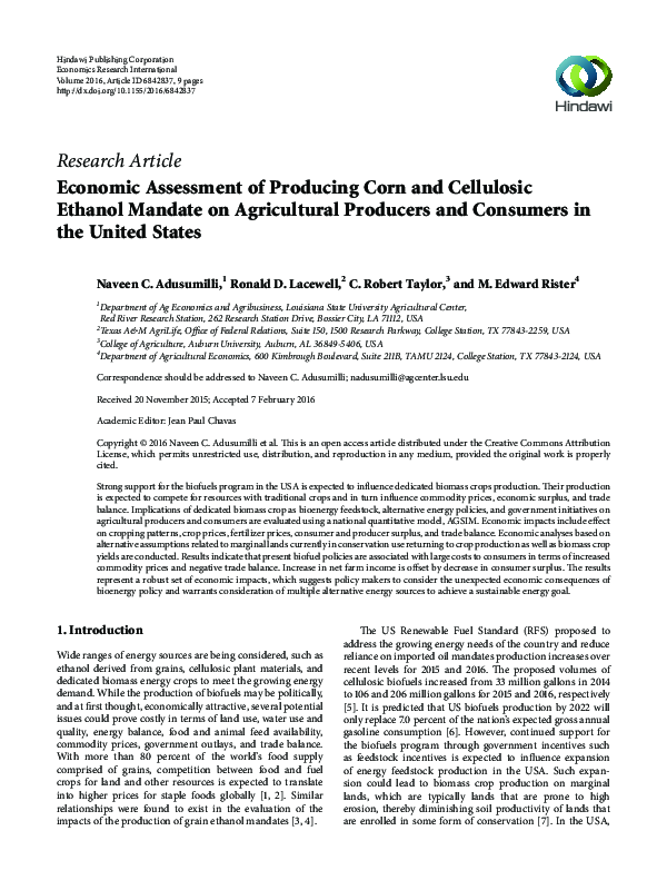 (PDF) Economic Assessment of Producing Corn and Cellulosic Ethanol ...