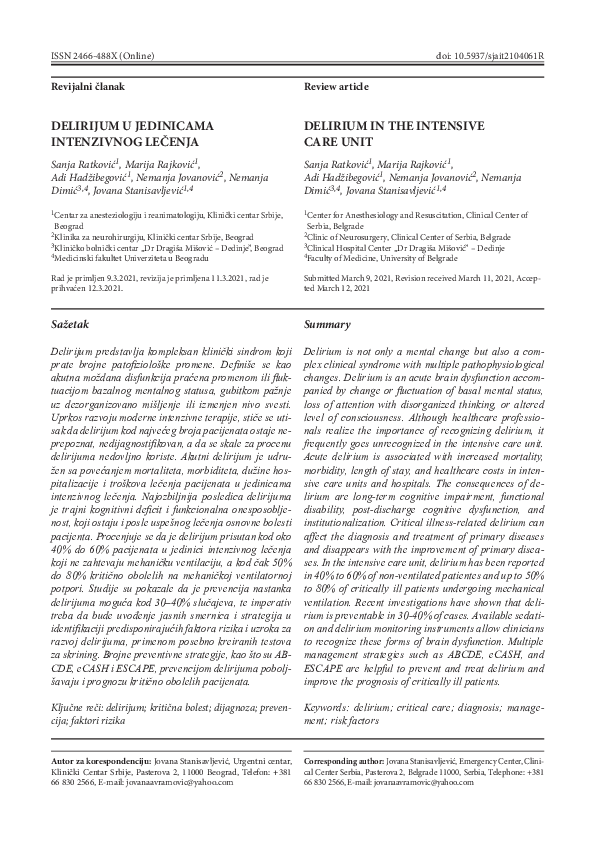 (PDF) Delirium in the intensive care unit