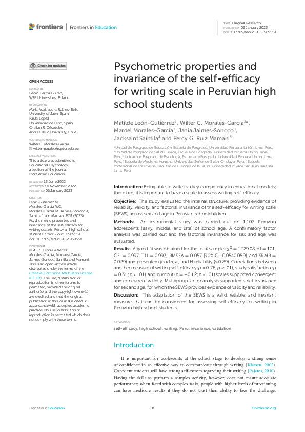 (PDF) Psychometric properties and invariance of the self-efficacy for ...