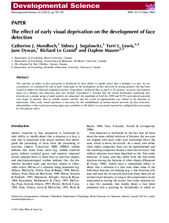 (PDF) The effect of early visual deprivation on the development of face ...