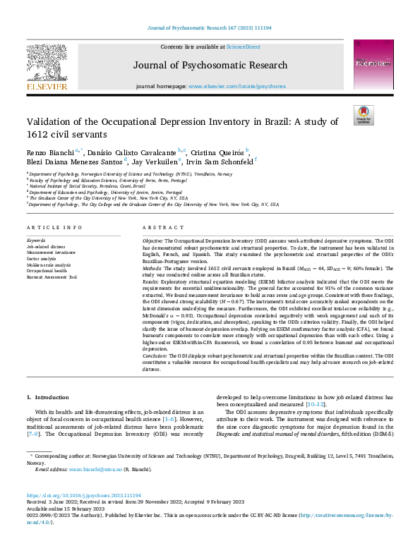 (PDF) Validation of the Occupational Depression Inventory in Brazil: A ...
