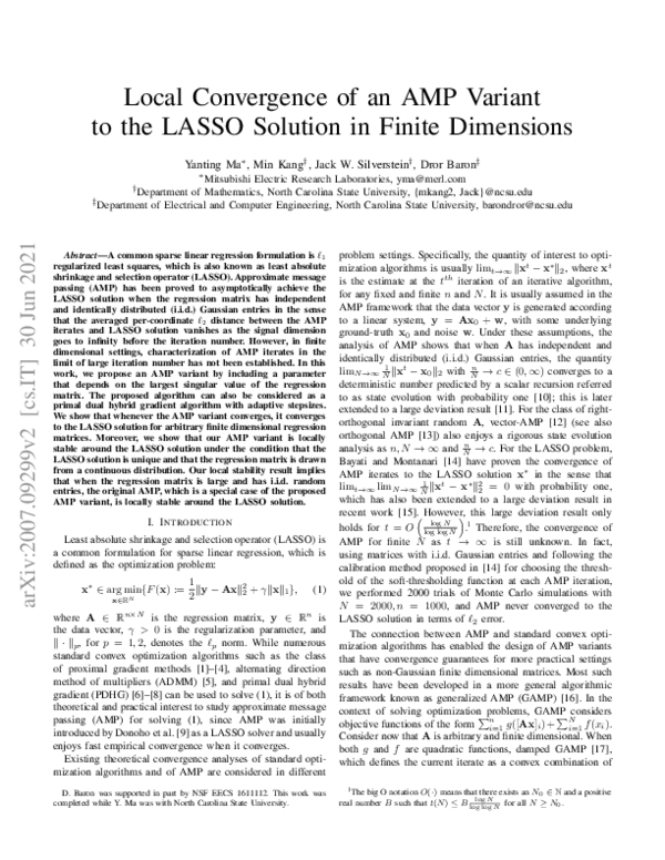 (PDF) Local Convergence of an AMP Variant to the LASSO Solution in ...