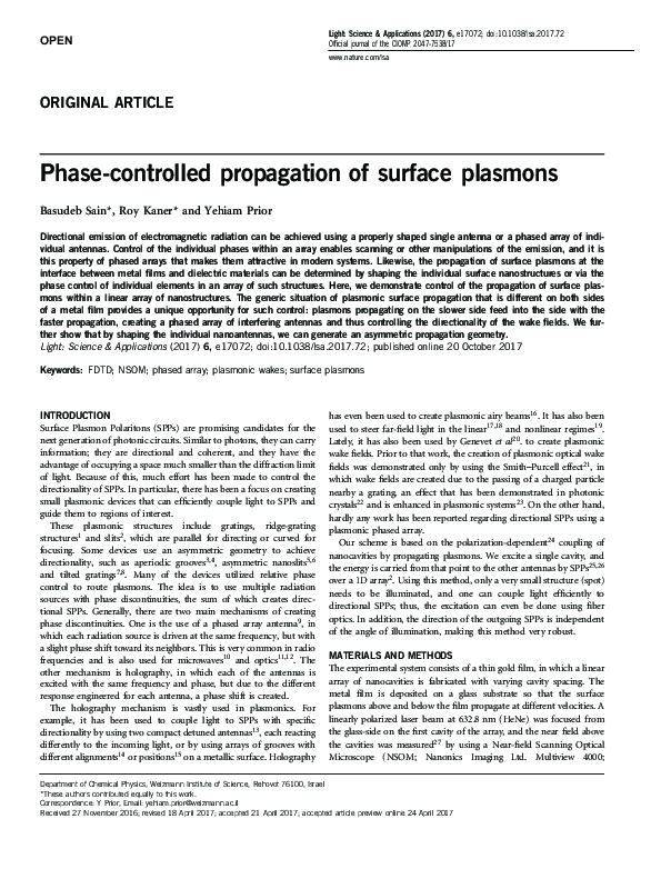 (PDF) Phase-controlled propagation of surface plasmons