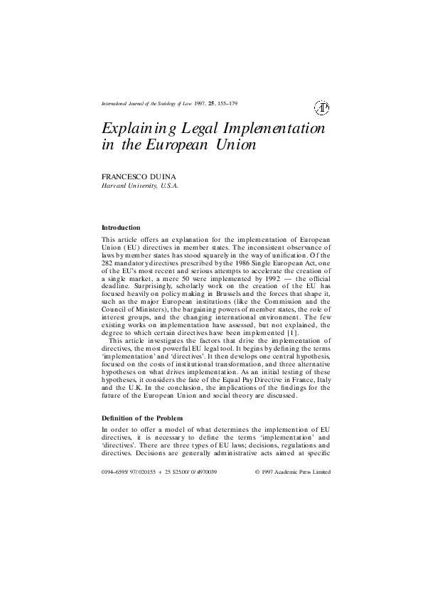 (PDF) Explaining Legal Implementation in the European Union
