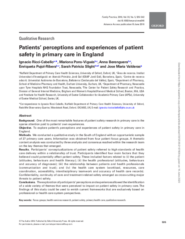 (PDF) Patients’ perceptions and experiences of patient safety in ...
