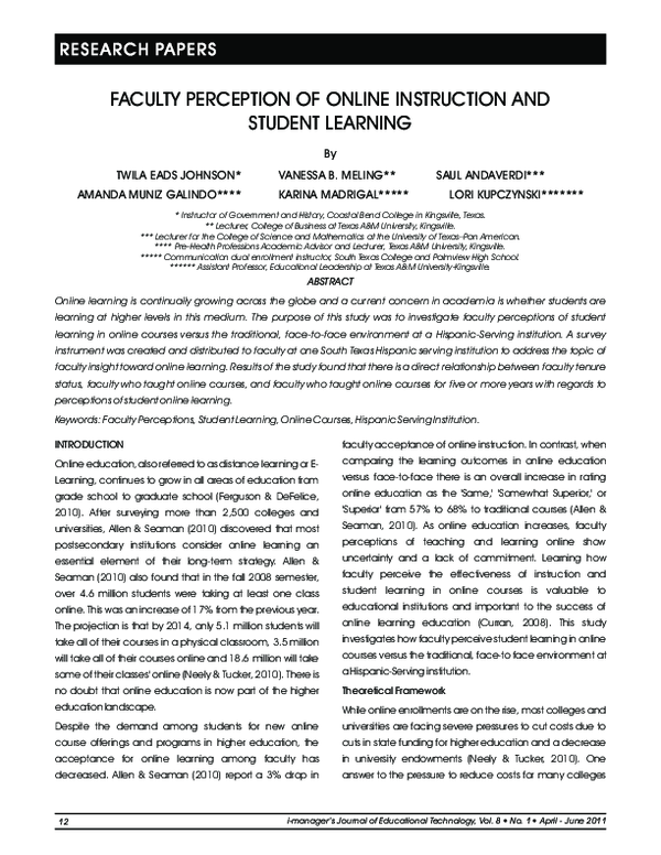 (PDF) Faculty Perception of Online Instruction and Student Learning
