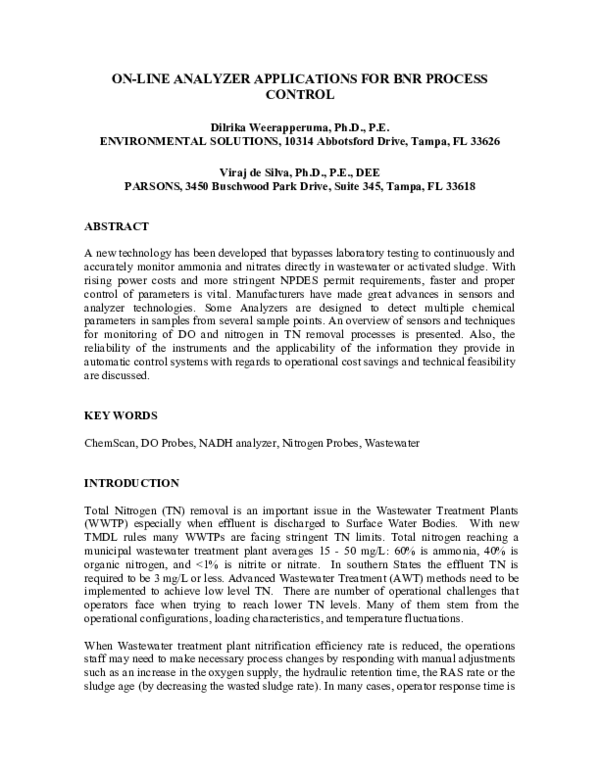 (PDF) On-Line Analyzer Applications for BNR Process Control