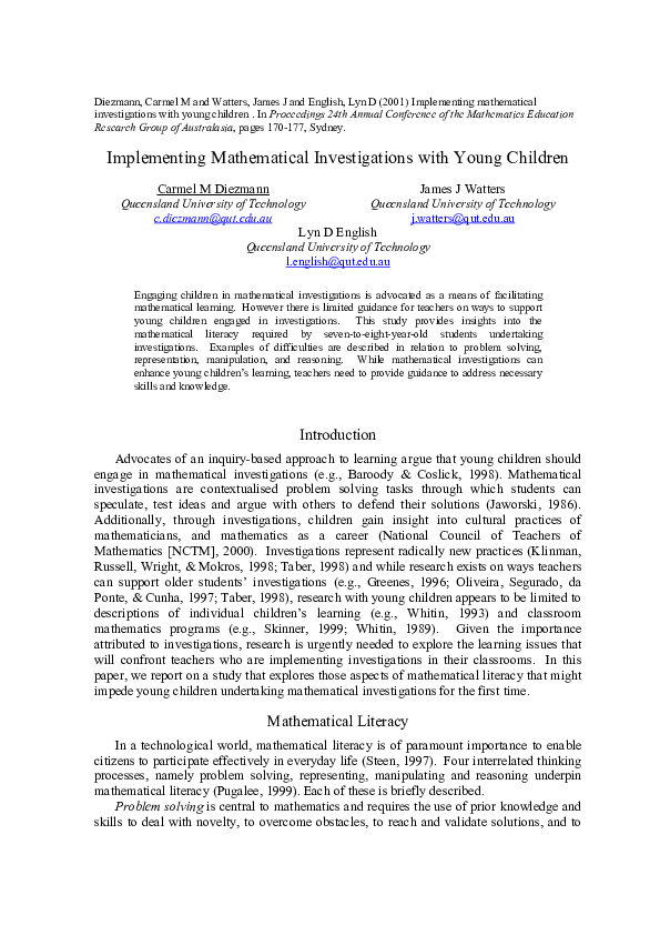 (PDF) Implementing mathematical investigations with young children