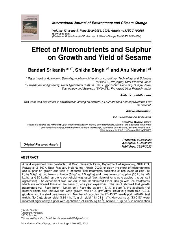 (PDF) Effect of Micronutrients and Sulphur on Growth and Yield of Sesame