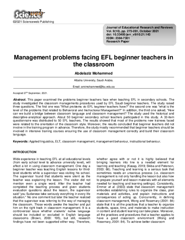 (PDF) Management problems facing EFL beginner teachers in the classroom