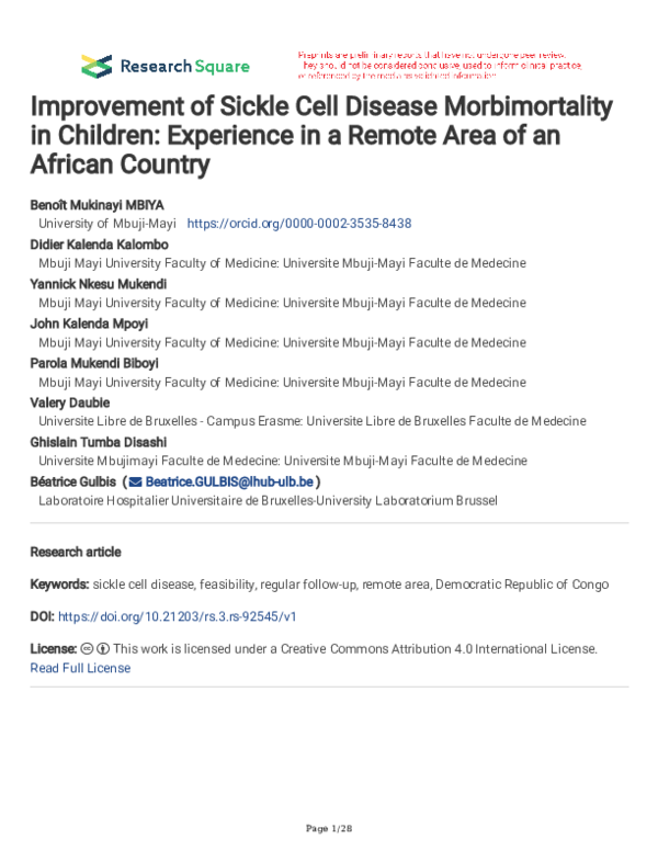 (PDF) Improvement of Sickle Cell Disease Morbimortality in Children ...