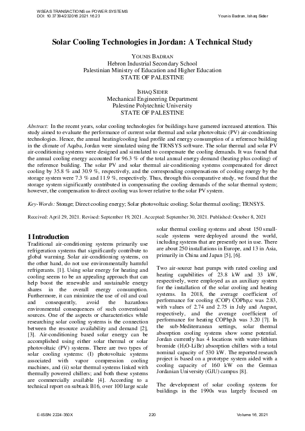(PDF) Solar Cooling Technologies in Jordan: A Technical Study