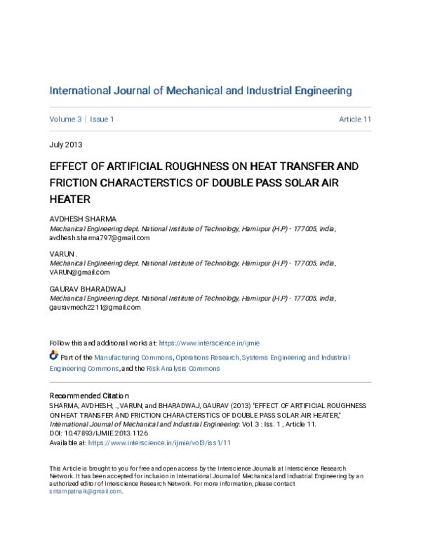 (PDF) Effect of Artificial Roughness on Heat Transfer and Friction ...