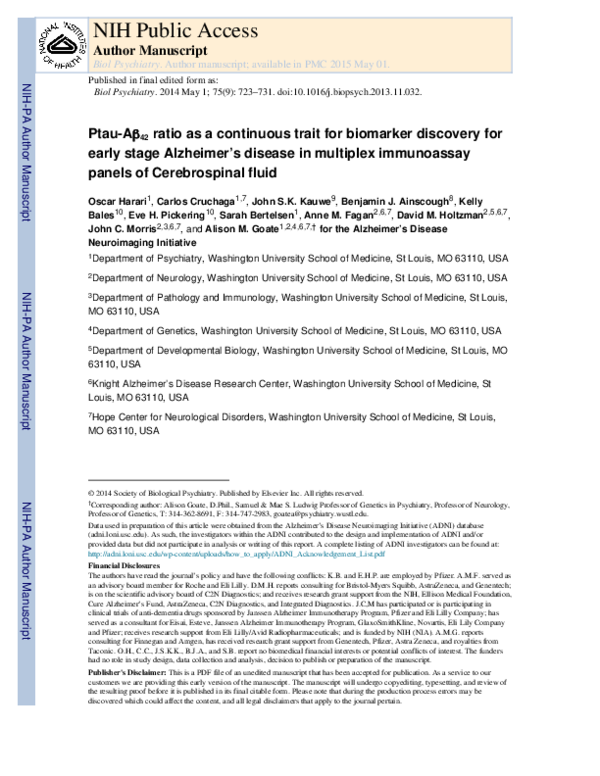 (PDF) Phosphorylated Tau-Aβ42 Ratio as a Continuous Trait for Biomarker ...